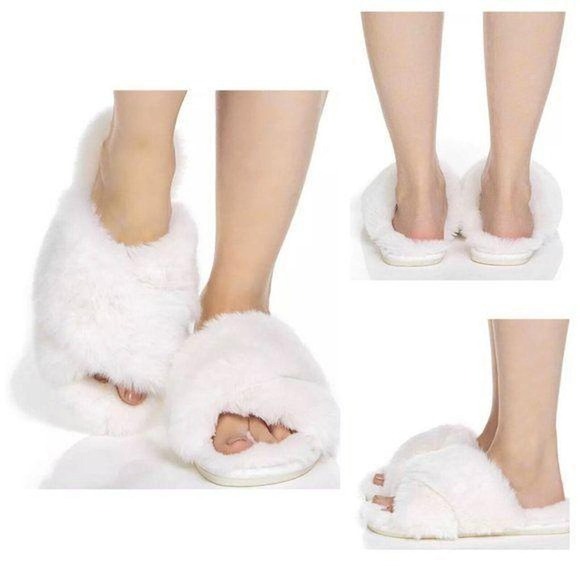 Flora by Flora Nikrooz Shoes - Flora By Flora Nikrooz Faux Fur Slipper Slides White Size Large 9/10